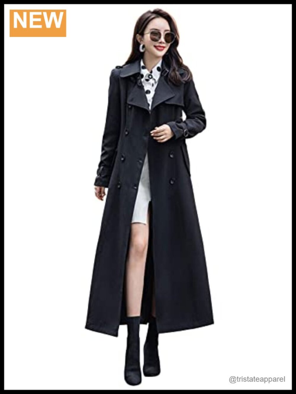 Women's Double Breasted Duster Trench Coat Long Sleeve Overcoat with Belt,